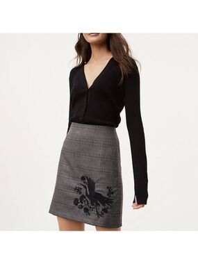 Womens Gray Plaid Embroidered A-Line Skirt